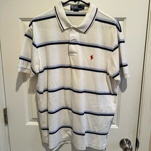 Ralph Lauren White Polo with Navy Stripes and Red Pony Logo Size Large
